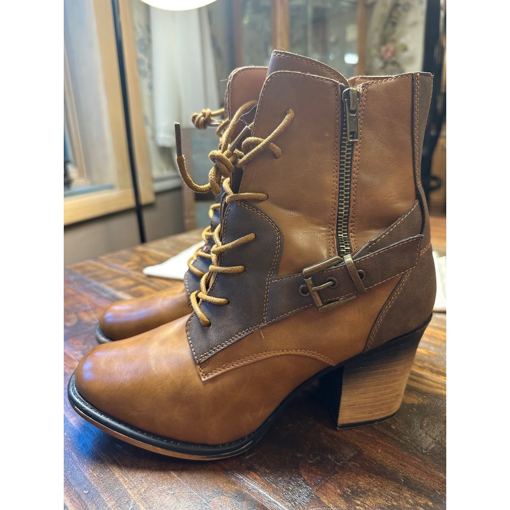 Pierre Dumas Ravenna-20 Tan Brown Lace Up Zip Ankle Boots Block Heel Womens 11